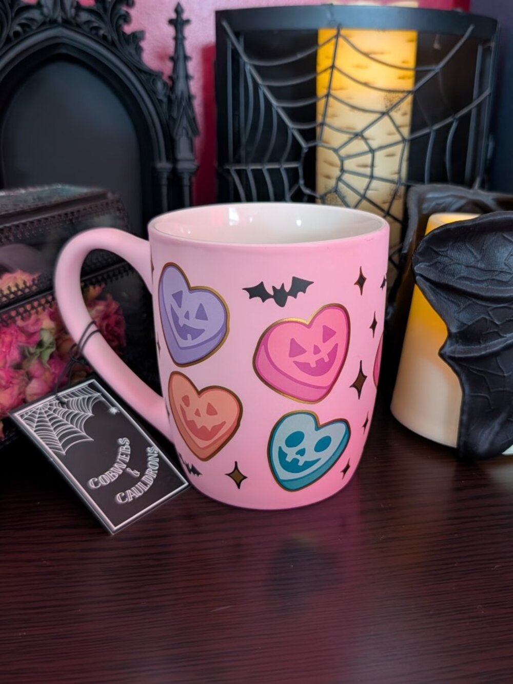 Pink Halloween Mug Jack O'Lantern Faces on Candy Hearts New